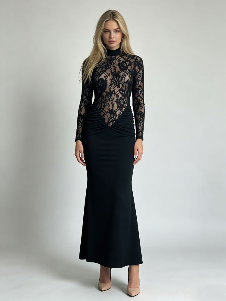 TWOTWINSTYLE Stand Collar Long Sleeve Lace Pleated Fashion Dress