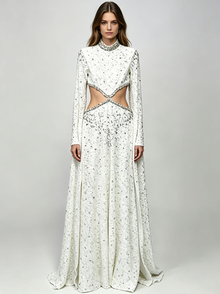 TWOTWINSTYLE Long Sleeve Bare Midriff Patchwork Diamond Fashion Dress