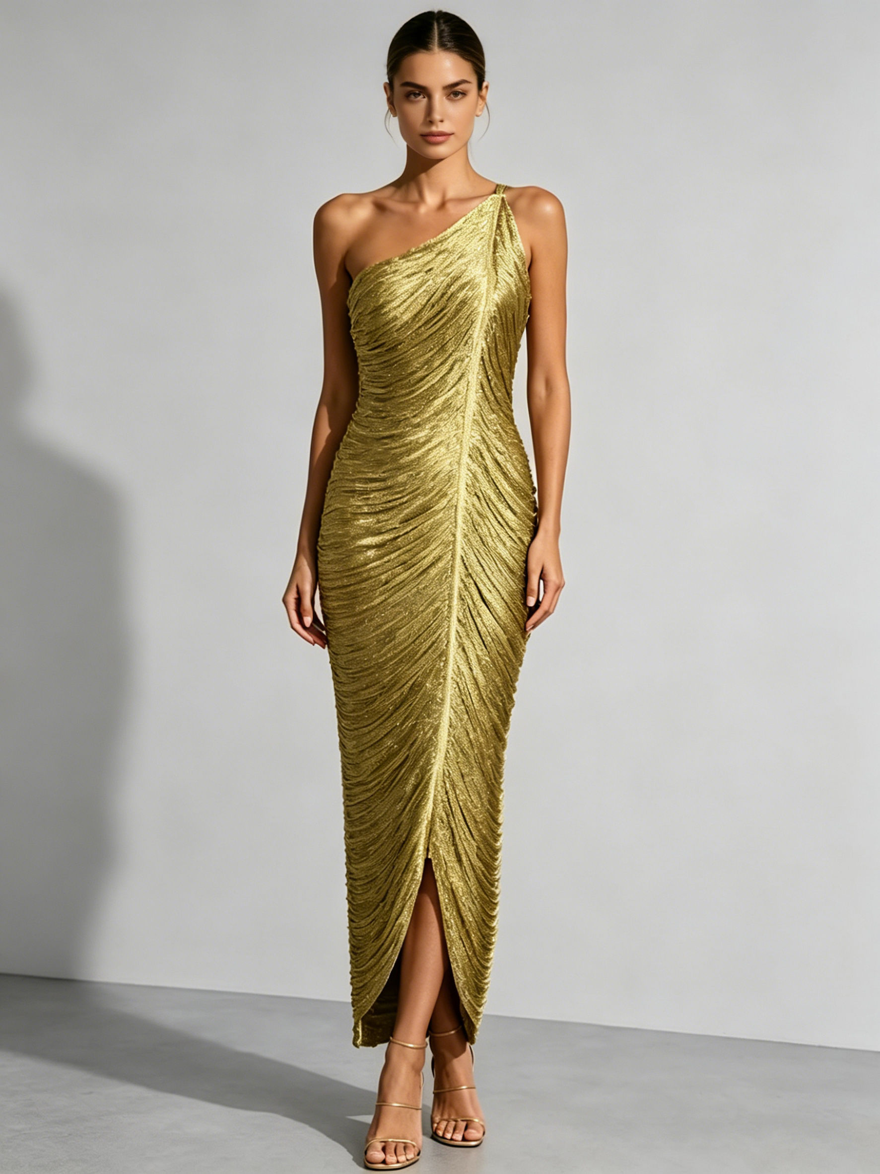 TWOTWINSTYLE Off One Shoulder Patchwork Sequins Slit Design Dress
