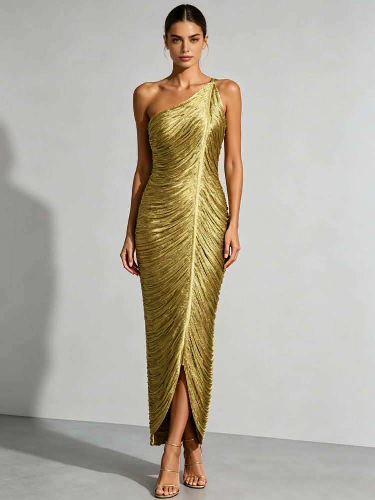 TWOTWINSTYLE Off One Shoulder Patchwork Sequins Slit Design Dress