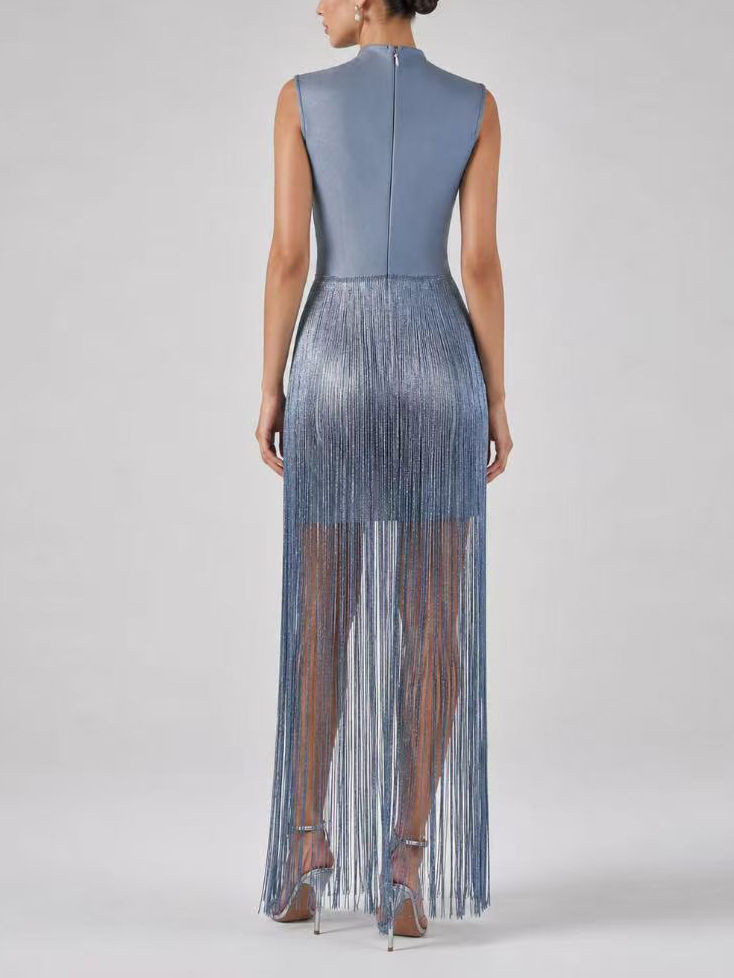 TWOTWINSTYLE Stand Collar Tunic Spliced Tassel Chic Dress