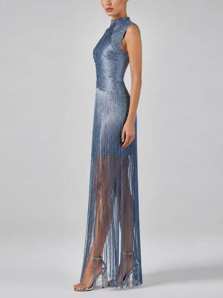 TWOTWINSTYLE Stand Collar Tunic Spliced Tassel Chic Dress