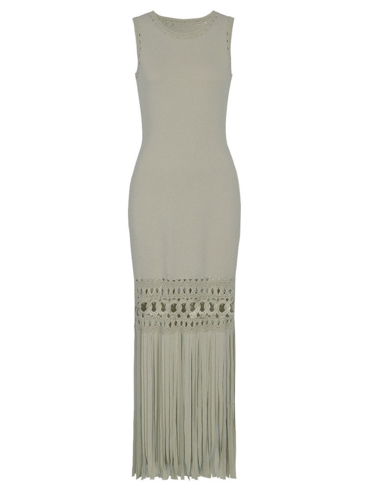 TWOTWINSTYLE Solid Sleeveles Patchwork Tassel Fashion Dress