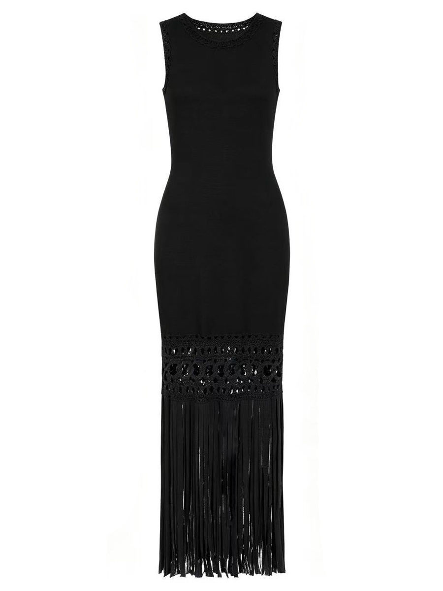 TWOTWINSTYLE Solid Sleeveles Patchwork Tassel Fashion Dress