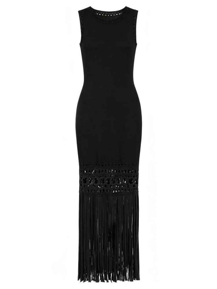 TWOTWINSTYLE Solid Sleeveles Patchwork Tassel Fashion Dress