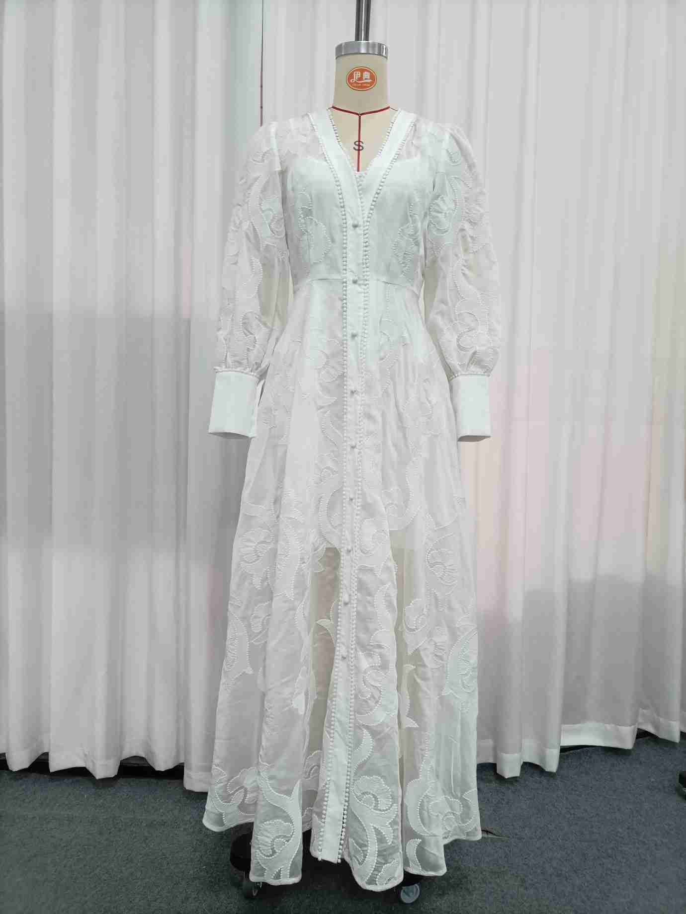 TWOTWINSTYLE Solid V Neck Long Sleeve Print Elegant Dress
