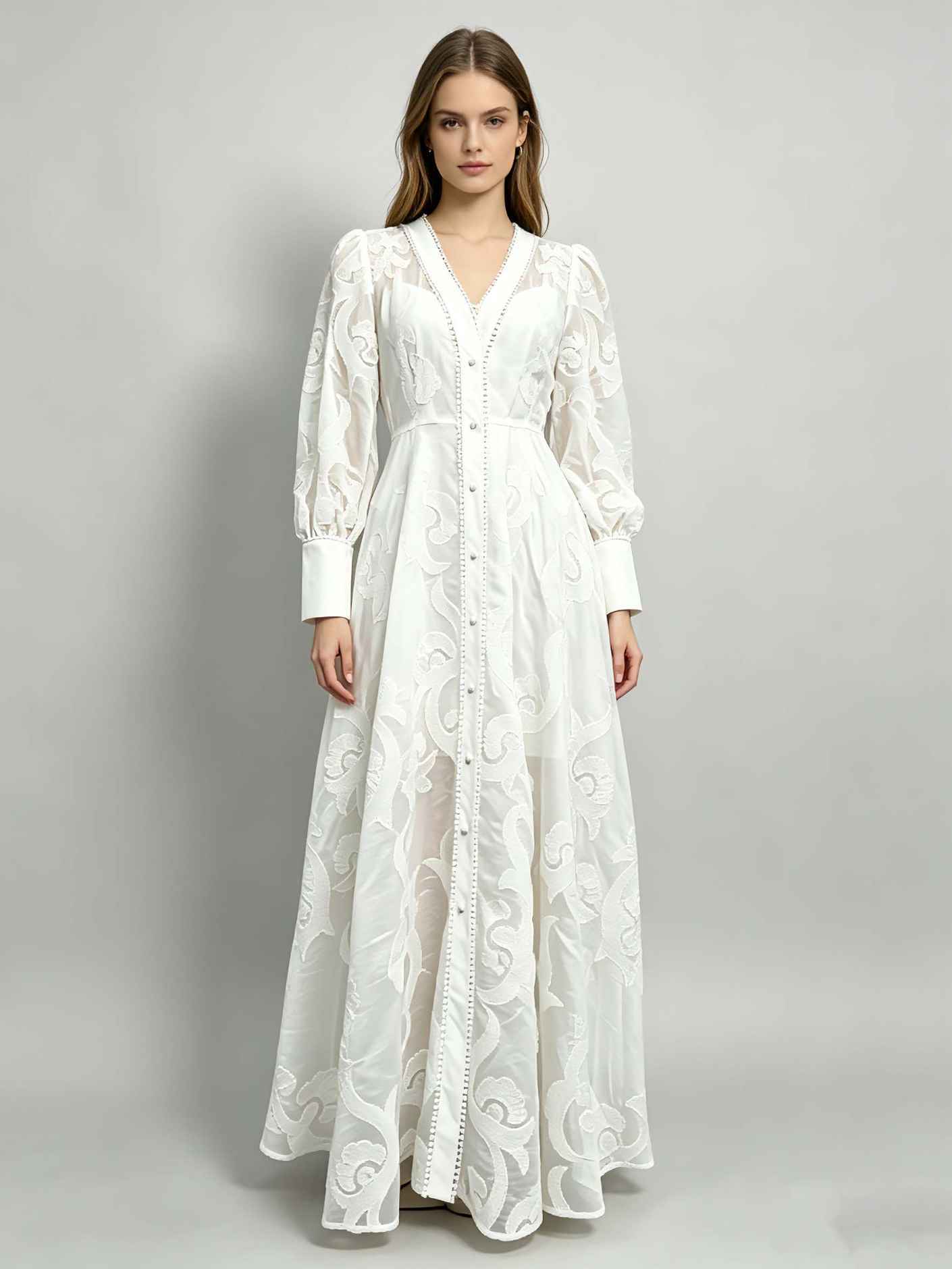 TWOTWINSTYLE Solid V Neck Long Sleeve Print Elegant Dress