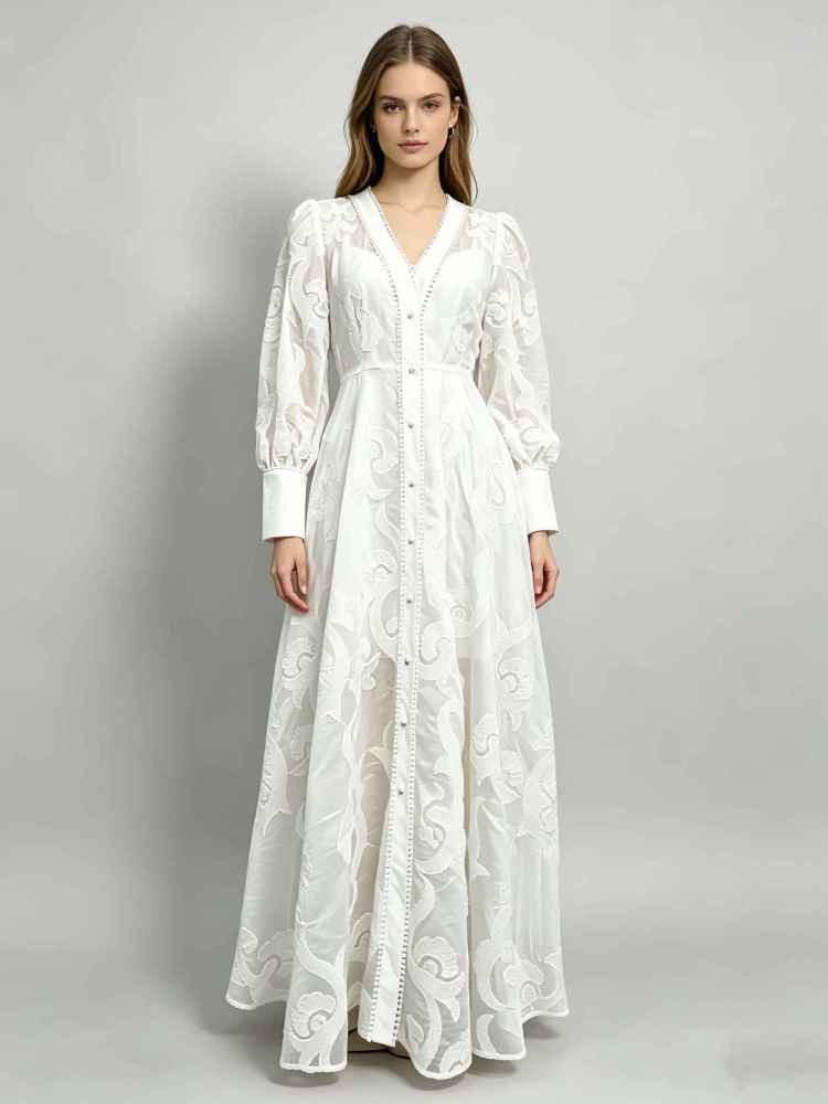 TWOTWINSTYLE Solid V Neck Long Sleeve Print Elegant Dress