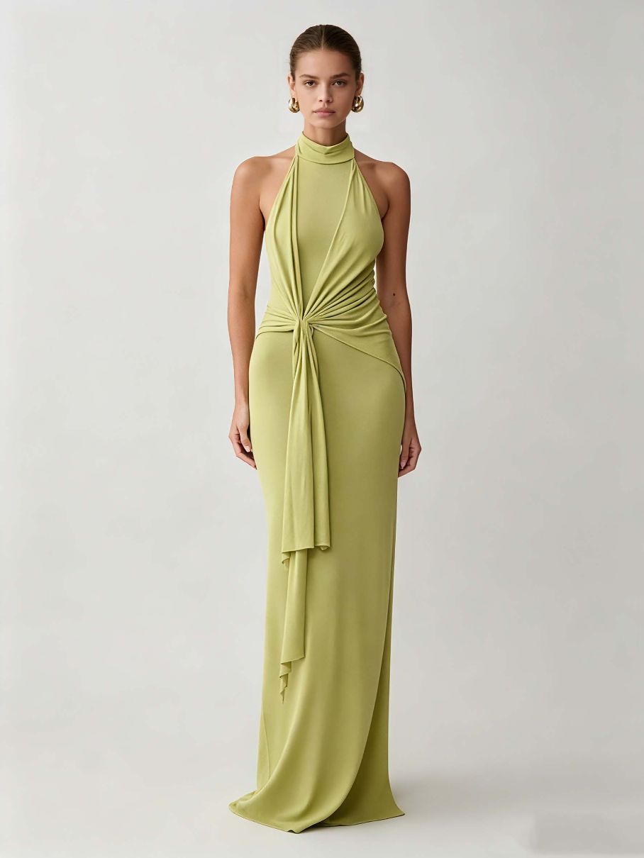 TWOTWINSTYLE Stand Collar Ruched High Waist Vintage Dress