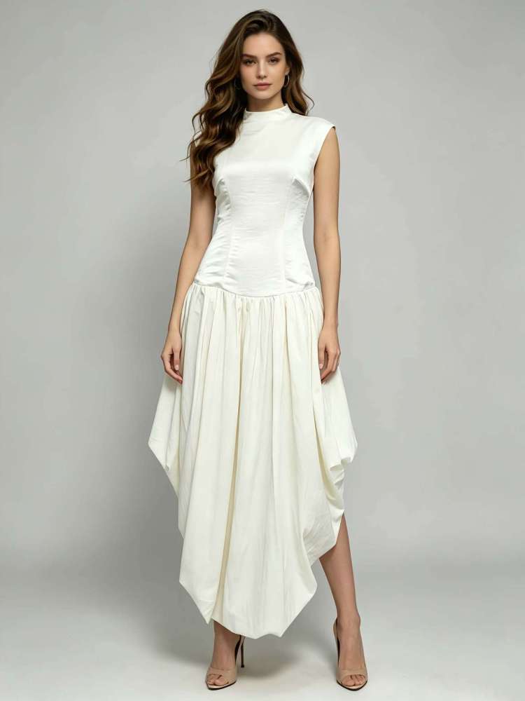 TWOTWINSTYLE Stand Collar Sleeveles Asymmetrical Hem Chic Dress