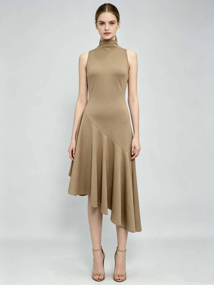 TWOTWINSTYLE Stand Collar Sleeveles Irregular Hem Vintage Dress