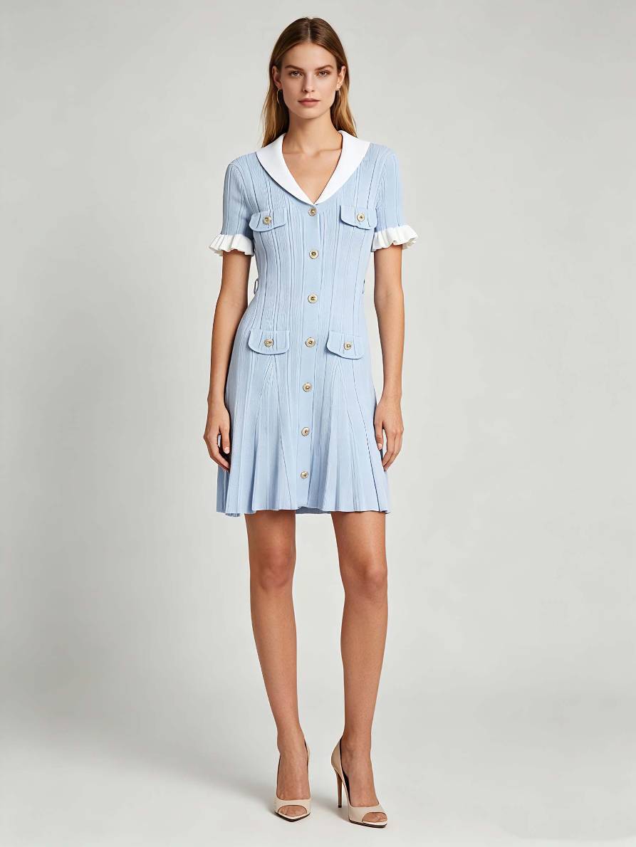 TWOTWINSTYLE V Neck Hit Color Spliced Single Breasted Chic Dress