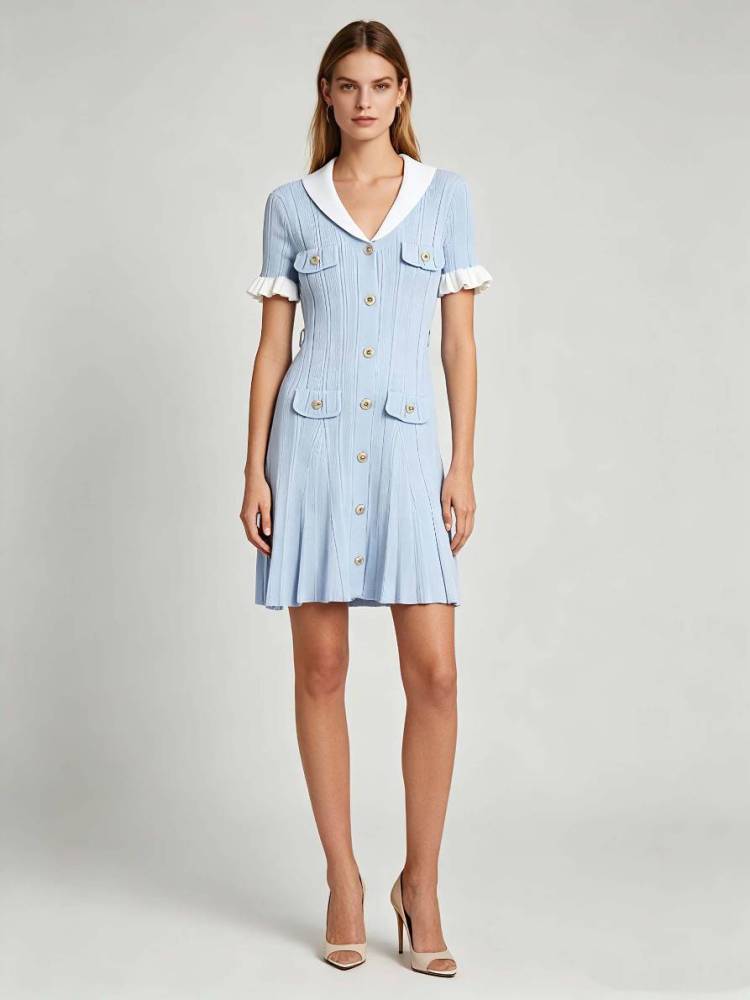 TWOTWINSTYLE V Neck Hit Color Spliced Single Breasted Chic Dress