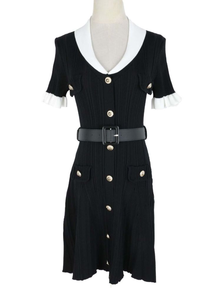 TWOTWINSTYLE V Neck Hit Color Spliced Single Breasted Chic Dress