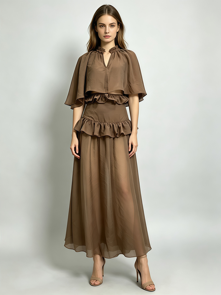 TWOTWINSTYLE Cape Sleeve Ruffled Top High Waist Midi Skirt Chic Set