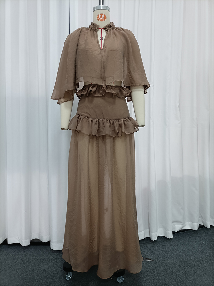 TWOTWINSTYLE Cape Sleeve Ruffled Top High Waist Midi Skirt Chic Set