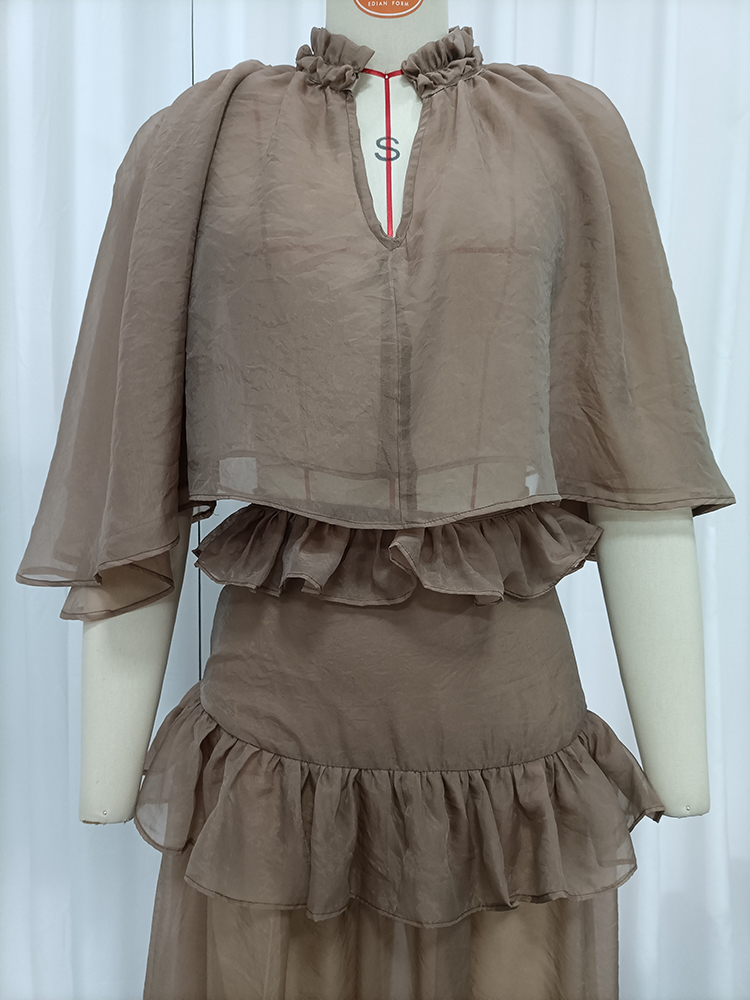 TWOTWINSTYLE Cape Sleeve Ruffled Top High Waist Midi Skirt Chic Set