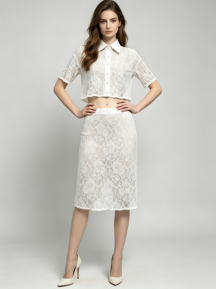 TWOTWINSTYLE Floral Lace Crop Shirt High Waist Midi Skirt Fashion Set