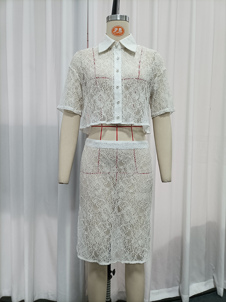 TWOTWINSTYLE Floral Lace Crop Shirt High Waist Midi Skirt Fashion Set