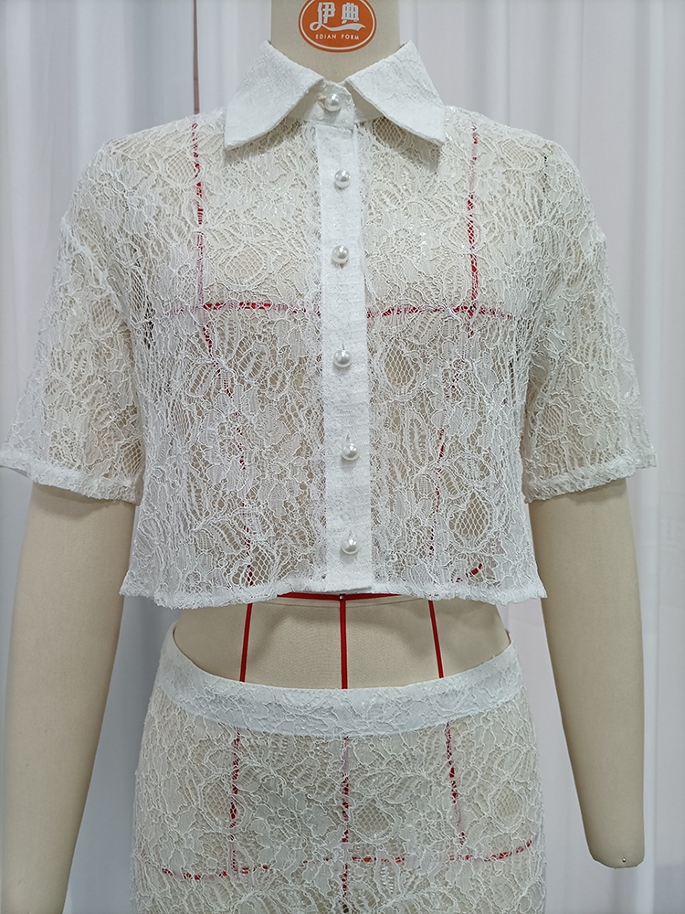 TWOTWINSTYLE Floral Lace Crop Shirt High Waist Midi Skirt Fashion Set