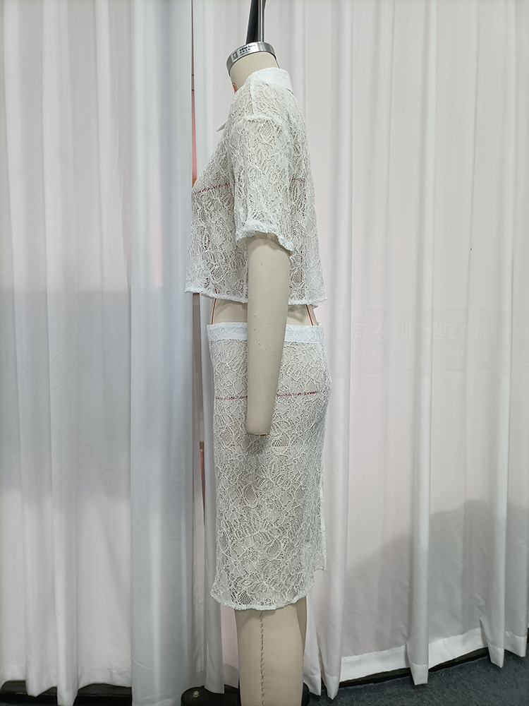 TWOTWINSTYLE Floral Lace Crop Shirt High Waist Midi Skirt Fashion Set
