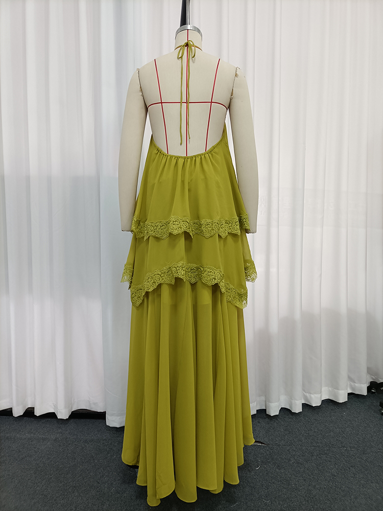 TWOTWINSTYLE Halter Spliced Lace Tiered Ruffles Vintage Dress