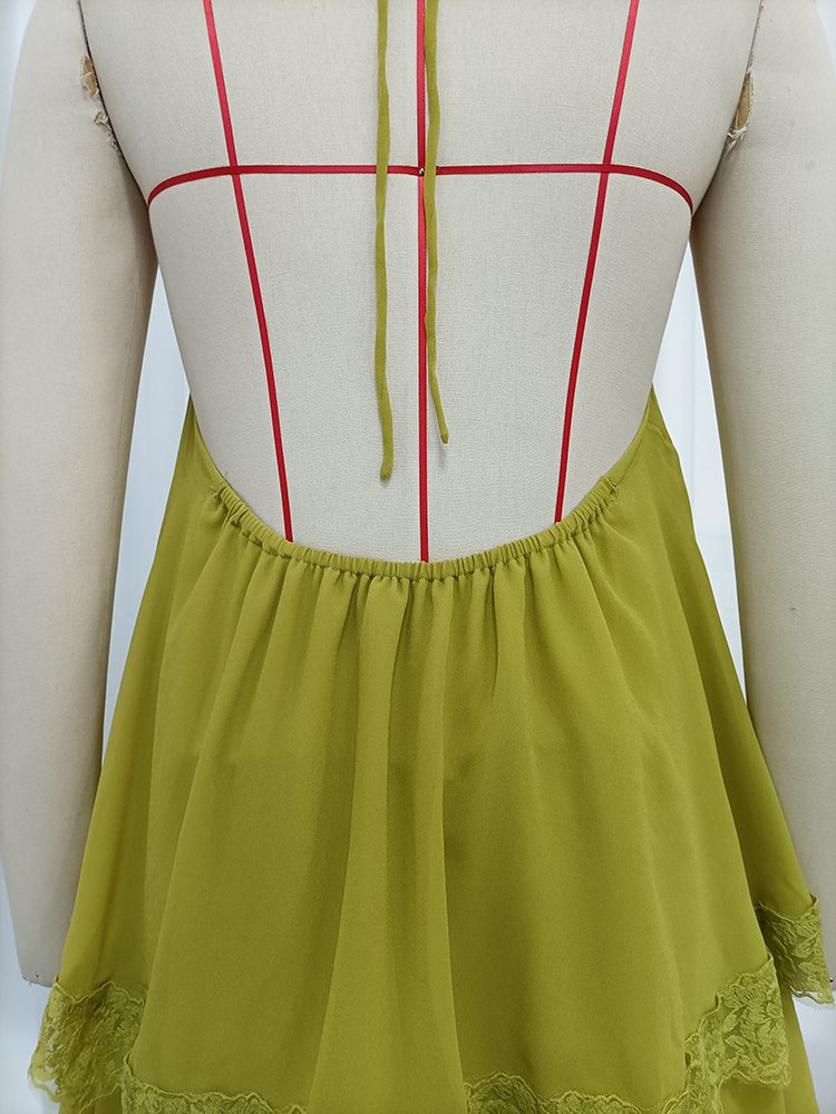 TWOTWINSTYLE Halter Spliced Lace Tiered Ruffles Vintage Dress