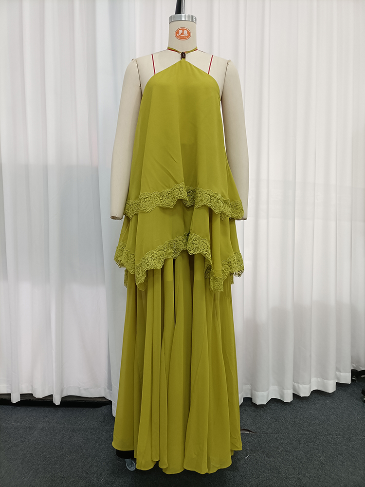 TWOTWINSTYLE Halter Spliced Lace Tiered Ruffles Vintage Dress