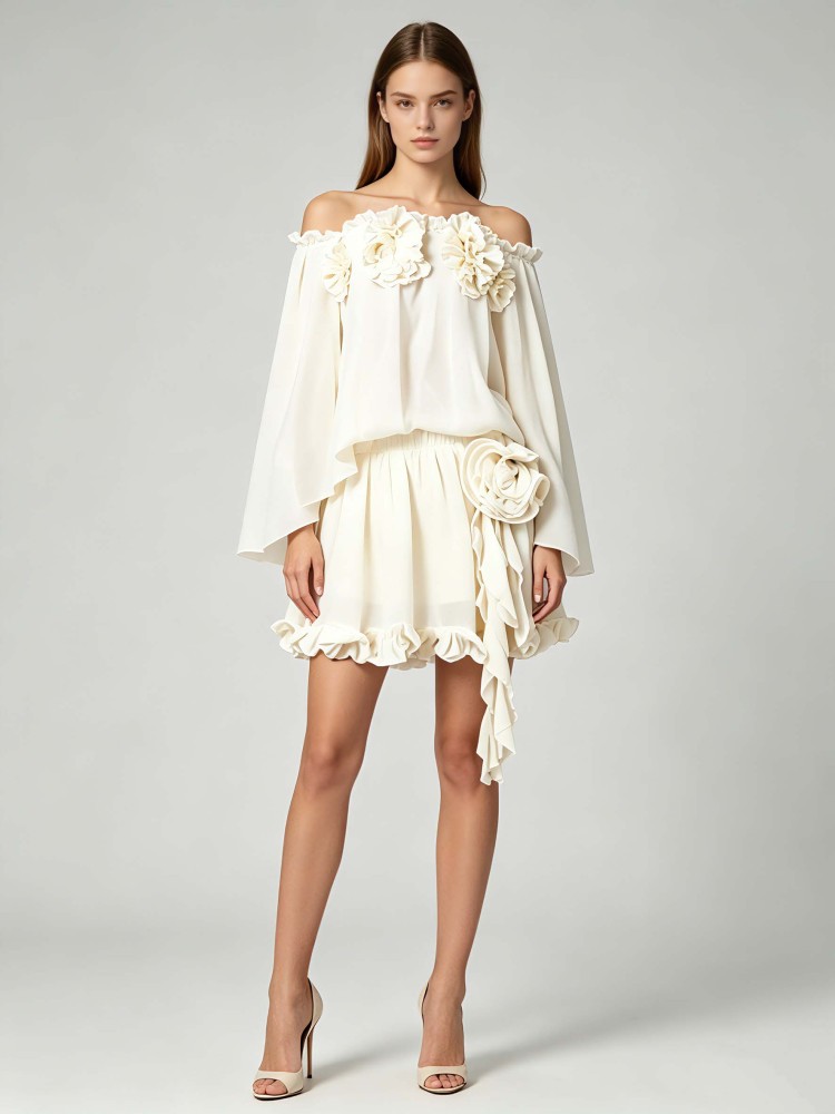 TWOTWINSTYLE Off Shoulder Spliced 3D Flower Top High Waist Skirt Elegant Set