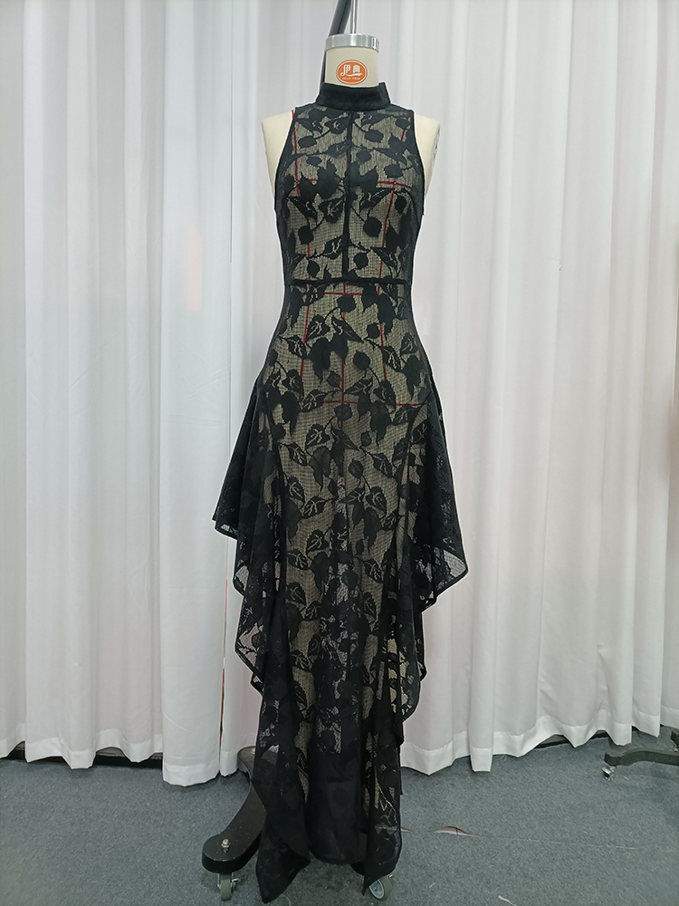 TWOTWINSTYLE Round Neck Off Shoulder Mesh Appliques Maix Dress