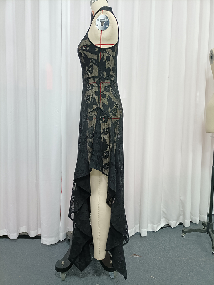 TWOTWINSTYLE Round Neck Off Shoulder Mesh Appliques Maix Dress