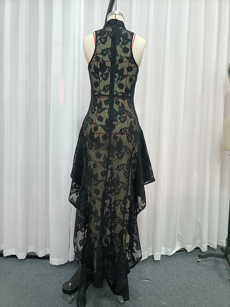 TWOTWINSTYLE Round Neck Off Shoulder Mesh Appliques Maix Dress