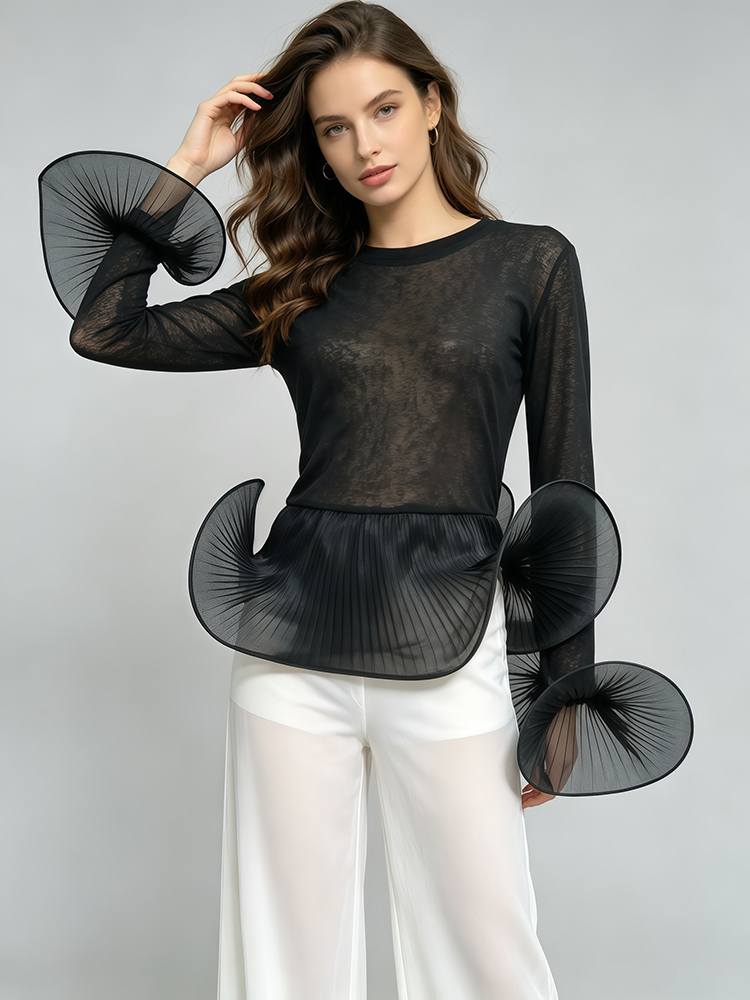 TWOTWINSTYLE Sheer Mesh 3D Pleated Flare Cuffs Long Sleeve Chic Top