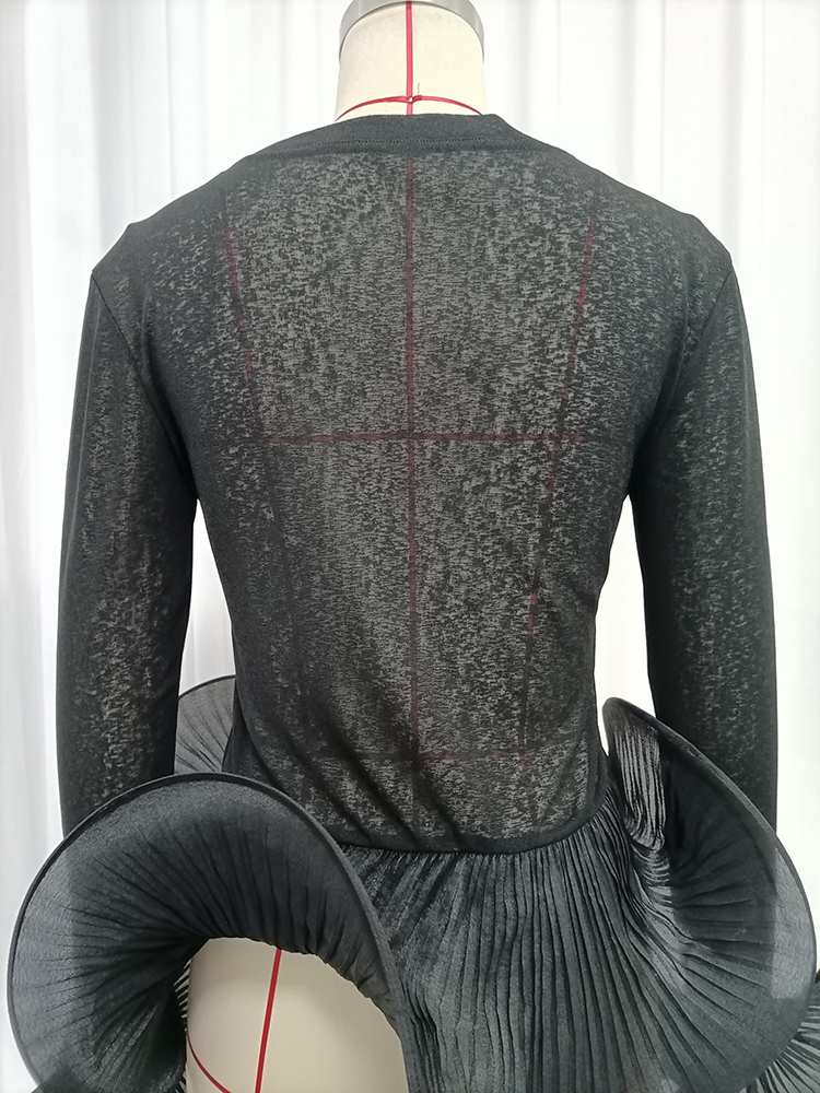 TWOTWINSTYLE Sheer Mesh 3D Pleated Flare Cuffs Long Sleeve Chic Top