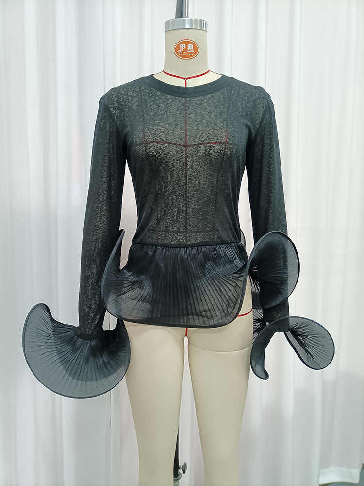 TWOTWINSTYLE Sheer Mesh 3D Pleated Flare Cuffs Long Sleeve Chic Top