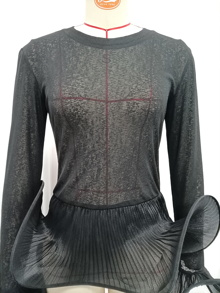 TWOTWINSTYLE Sheer Mesh 3D Pleated Flare Cuffs Long Sleeve Chic Top