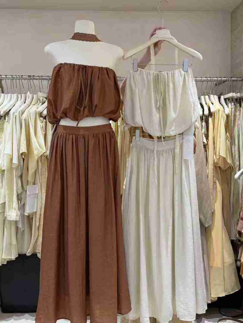 TWOTWINSTYLE Solid Off Shoulder Vest High Waist Skirt Minimalist Set