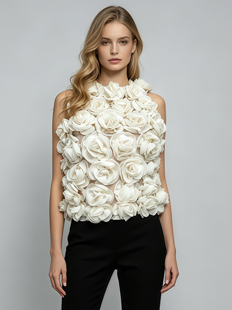 TWOTWINSTYLE Solid Sleeveless 3D Rose Applique Elegant Top
