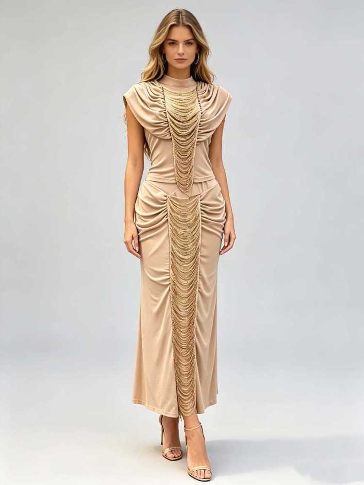 TWOTWINSTYLE Stand Collar Sleeveles Pleated High Waist Vintage Dress