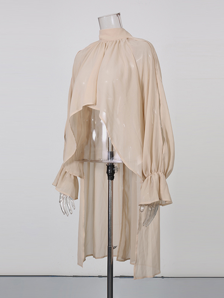 TWOTWINSTYLE Chiffon High Neck RIbbon Bat Sleeve Irregular Blouse