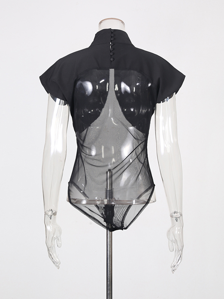 TWOTWINSTYLE Stand Collar Sleeveles Patchwork Mesh Sexy Jumpsuit