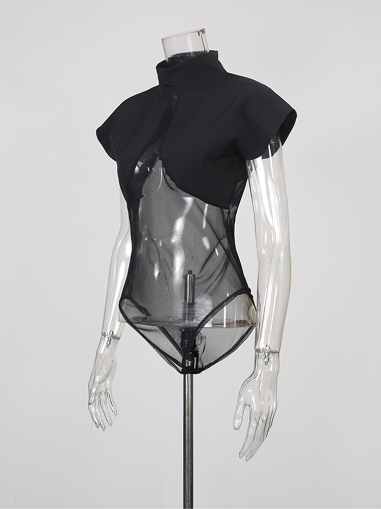 TWOTWINSTYLE Stand Collar Sleeveles Patchwork Mesh Sexy Jumpsuit