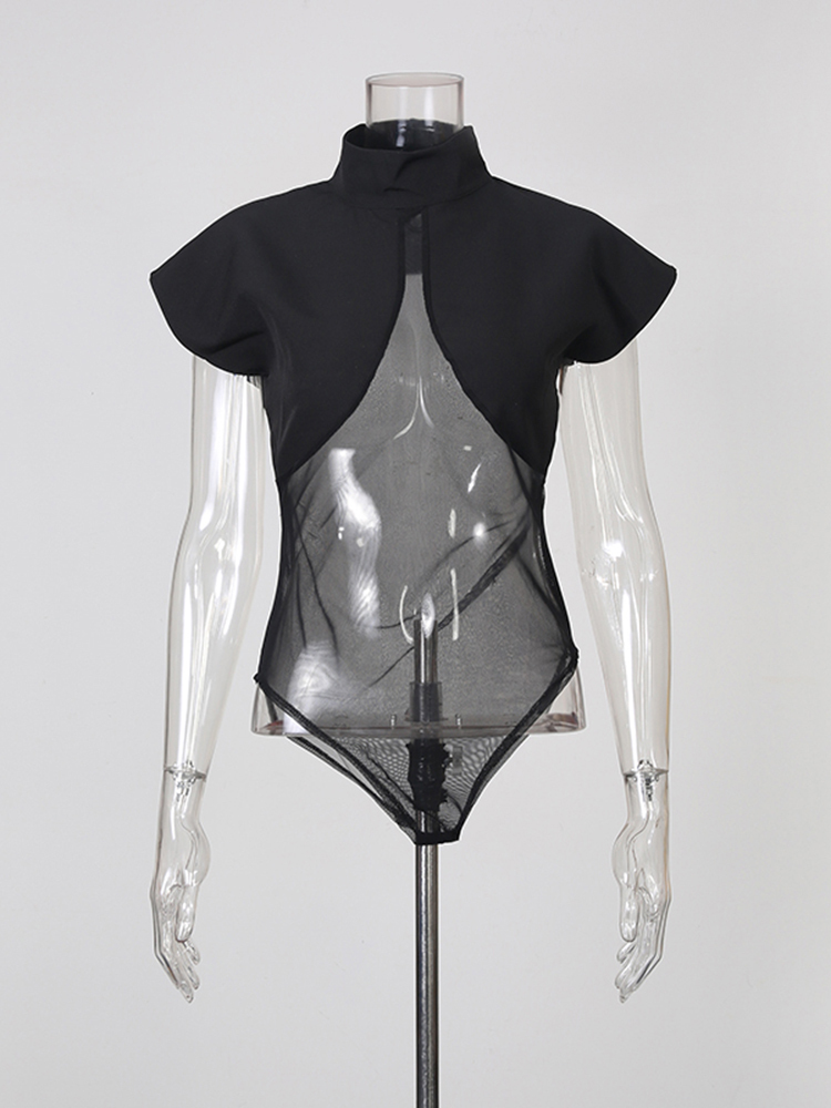 TWOTWINSTYLE Stand Collar Sleeveles Patchwork Mesh Sexy Jumpsuit