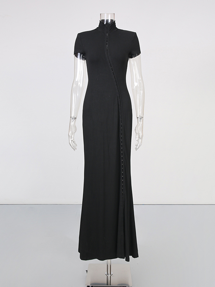 TWOTWINSTYLE Stand Collar Short Sleeves Patchwork Hollow Vintage Maxi Dress