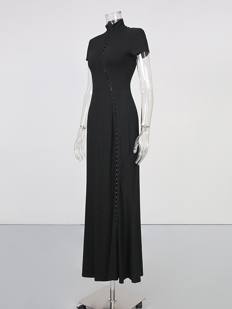 TWOTWINSTYLE Stand Collar Short Sleeves Patchwork Hollow Vintage Maxi Dress