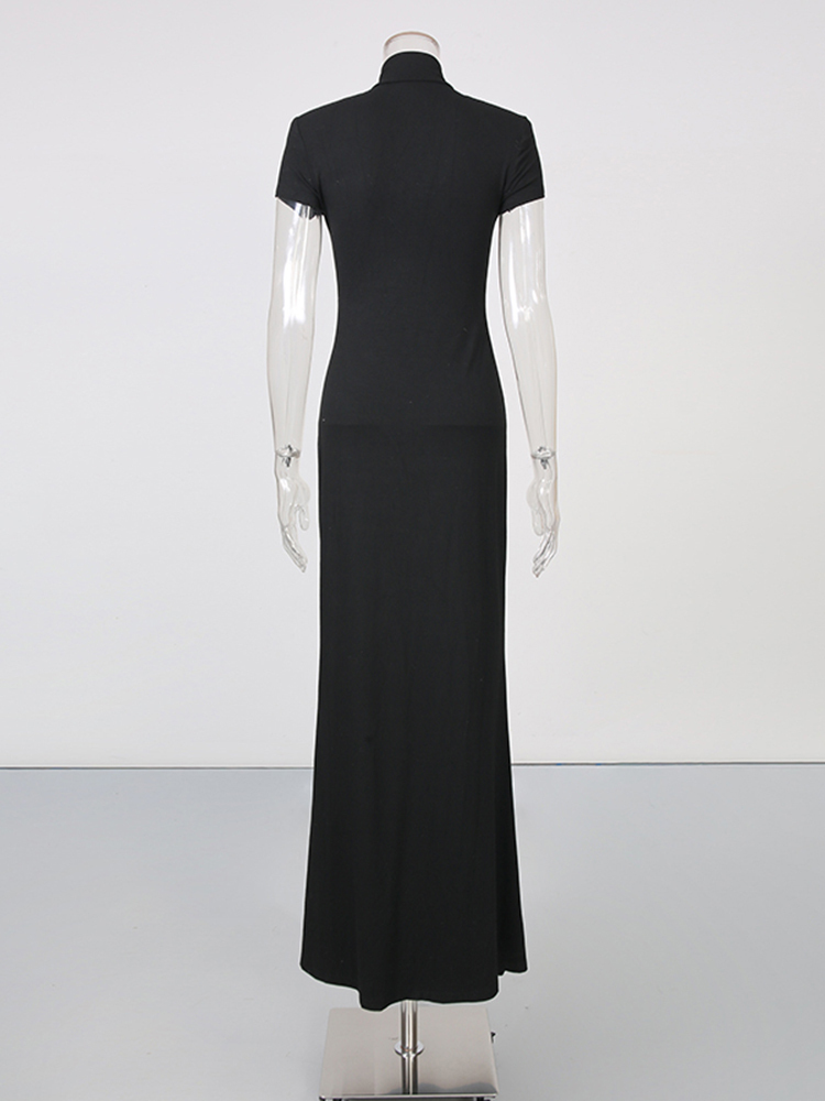 TWOTWINSTYLE Stand Collar Short Sleeves Patchwork Hollow Vintage Maxi Dress