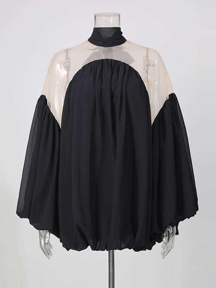 TWOTWINSTYLE Stand Collar Puff Sleeve Spliced Mesh Elegant Shirt