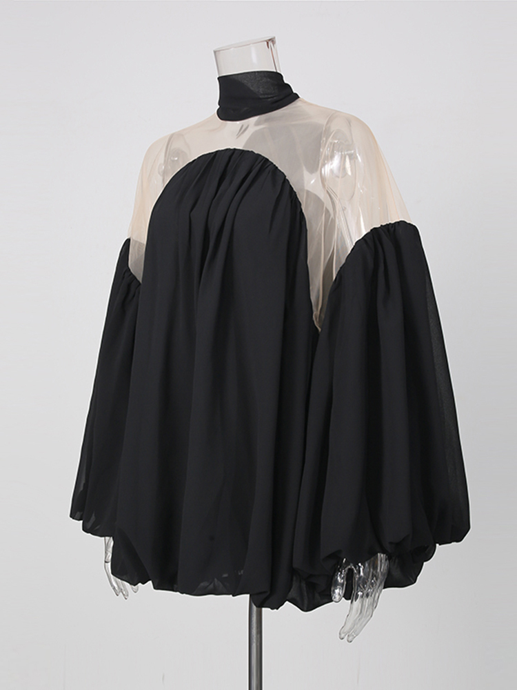 TWOTWINSTYLE Stand Collar Puff Sleeve Spliced Mesh Elegant Shirt