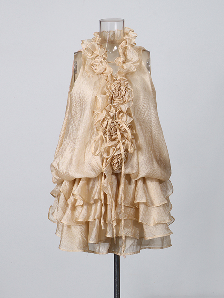 TWOTWINSTYLE Sleeveless Spliced Flower Ruffle Hem Mini Dress