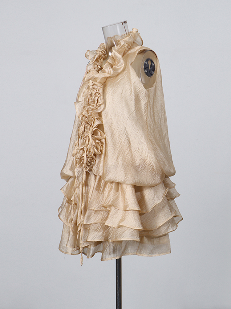 TWOTWINSTYLE Sleeveless Spliced Flower Ruffle Hem Mini Dress